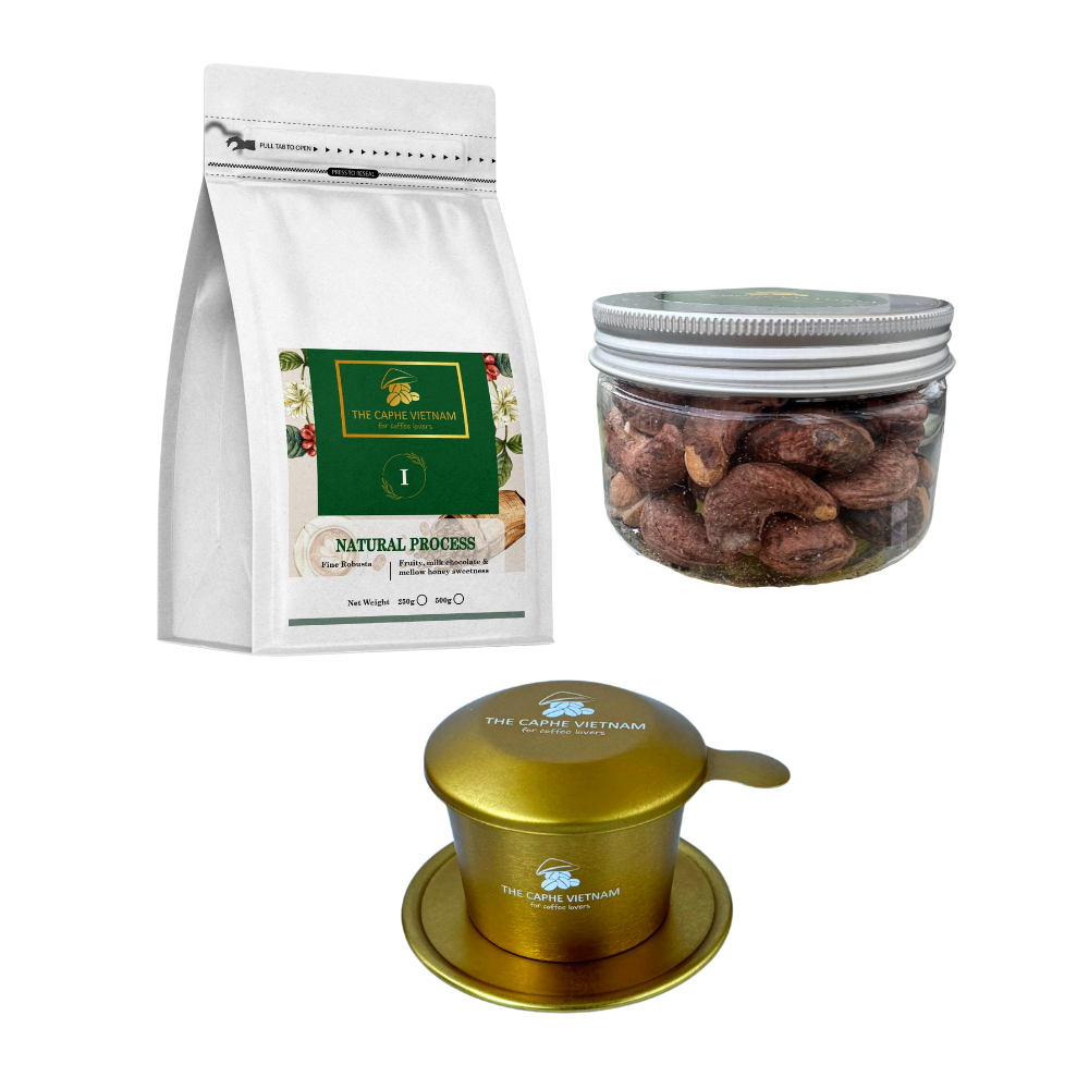 Combo of 3 - Natural Process Whole Bean Coffee 500g | Premium Roasted Cashews 180g | Coffee Phin Filter Rose Gold