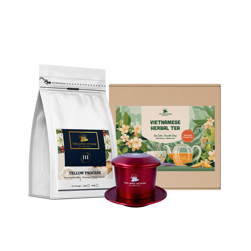 Combo Gift Set - Premium Quality Yellow Process 250g + Cinnamon Orange + Vietnamese Phin Filter (Red)