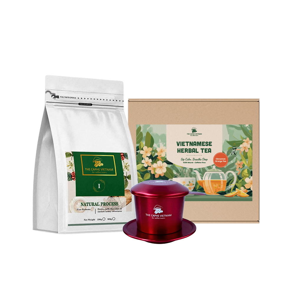 Combo Gift Set - Fine Robusta Natural Process 250g + Cinnamon Orange Tea + Vietnamese Phin Filter (Red)