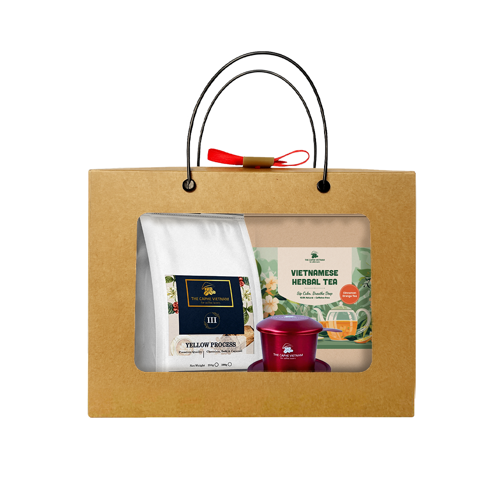 Combo Gift Set - Premium Quality Yellow Process 250g + Cinnamon Orange + Vietnamese Phin Filter (Red)