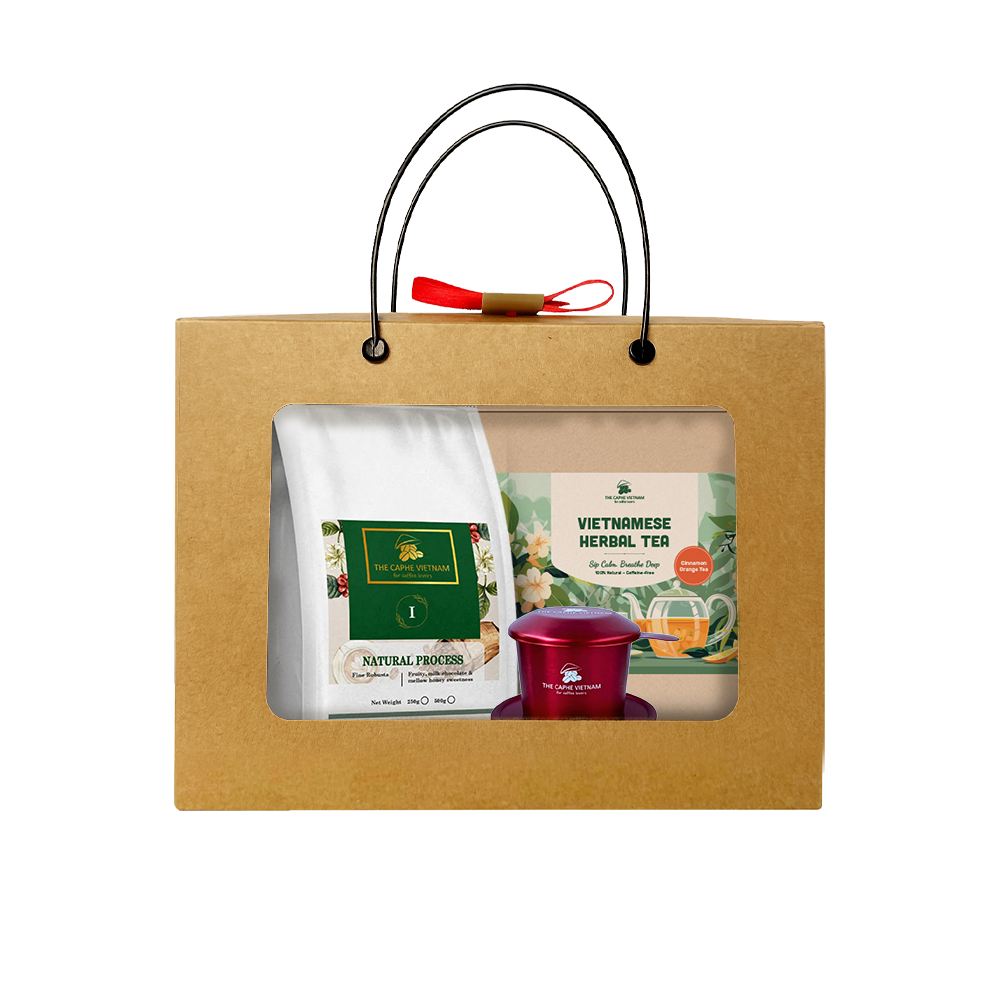 Combo Gift Set - Fine Robusta Natural Process 250g + Cinnamon Orange Tea + Vietnamese Phin Filter (Red)