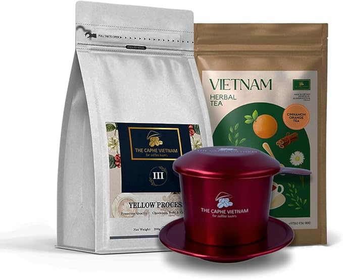 Combo Gift Set - Premium Quality Yellow Process 250g + Cinnamon Orange + Vietnamese Phin Filter (Red)