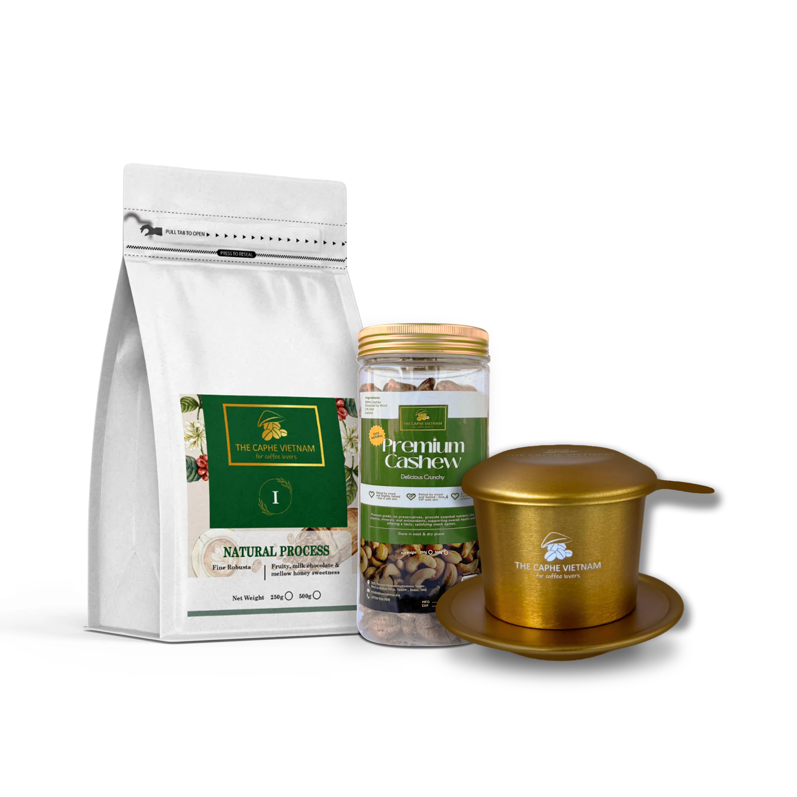 Combo Gift Set -Fine Robusta Natural Process 250g + Roasted Cashew Skin Size A 500g + Vietnamese Phin Filter (Gold)