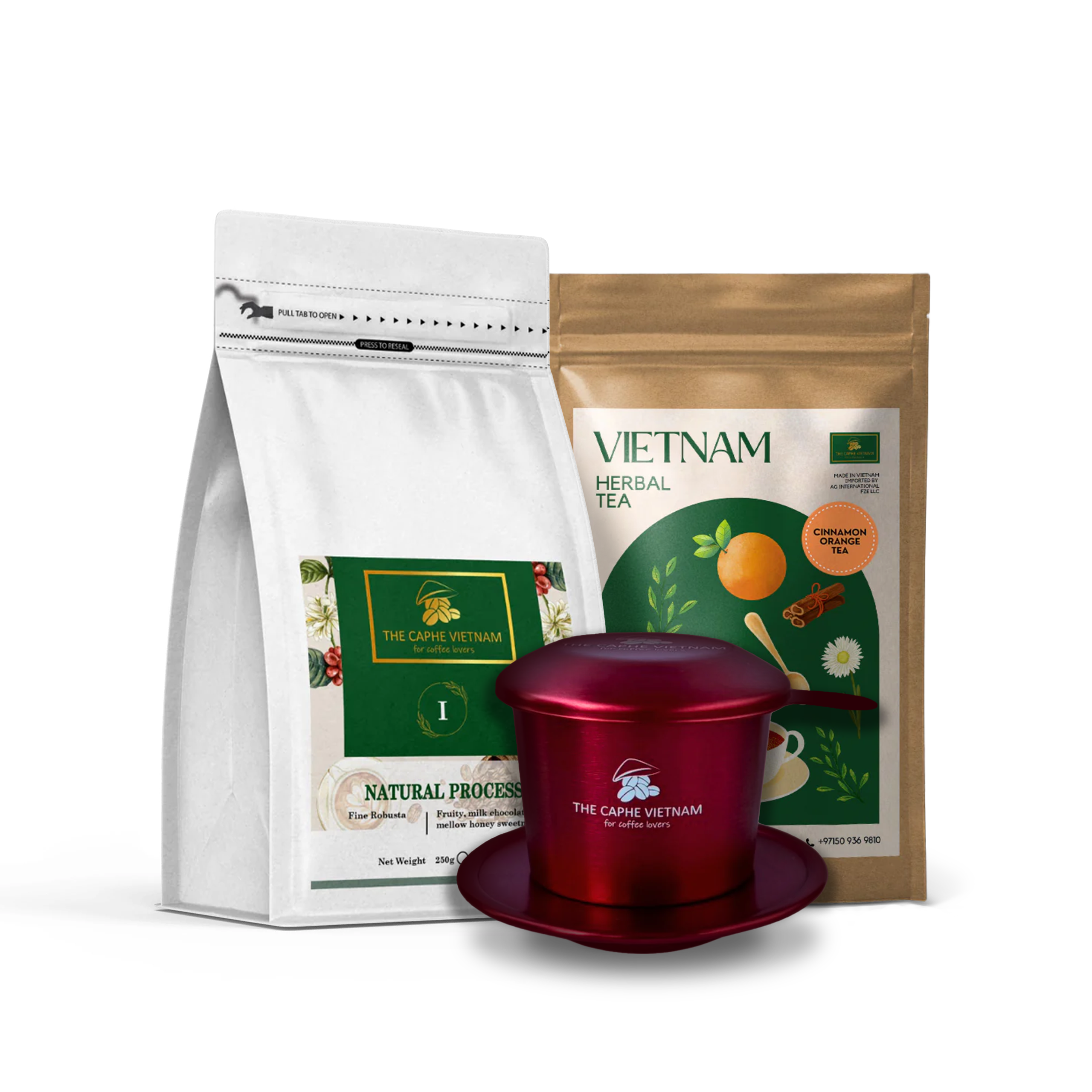 Combo Gift Set - Fine Robusta Natural Process 250g + Cinnamon Orange Tea + Vietnamese Phin Filter (Red)