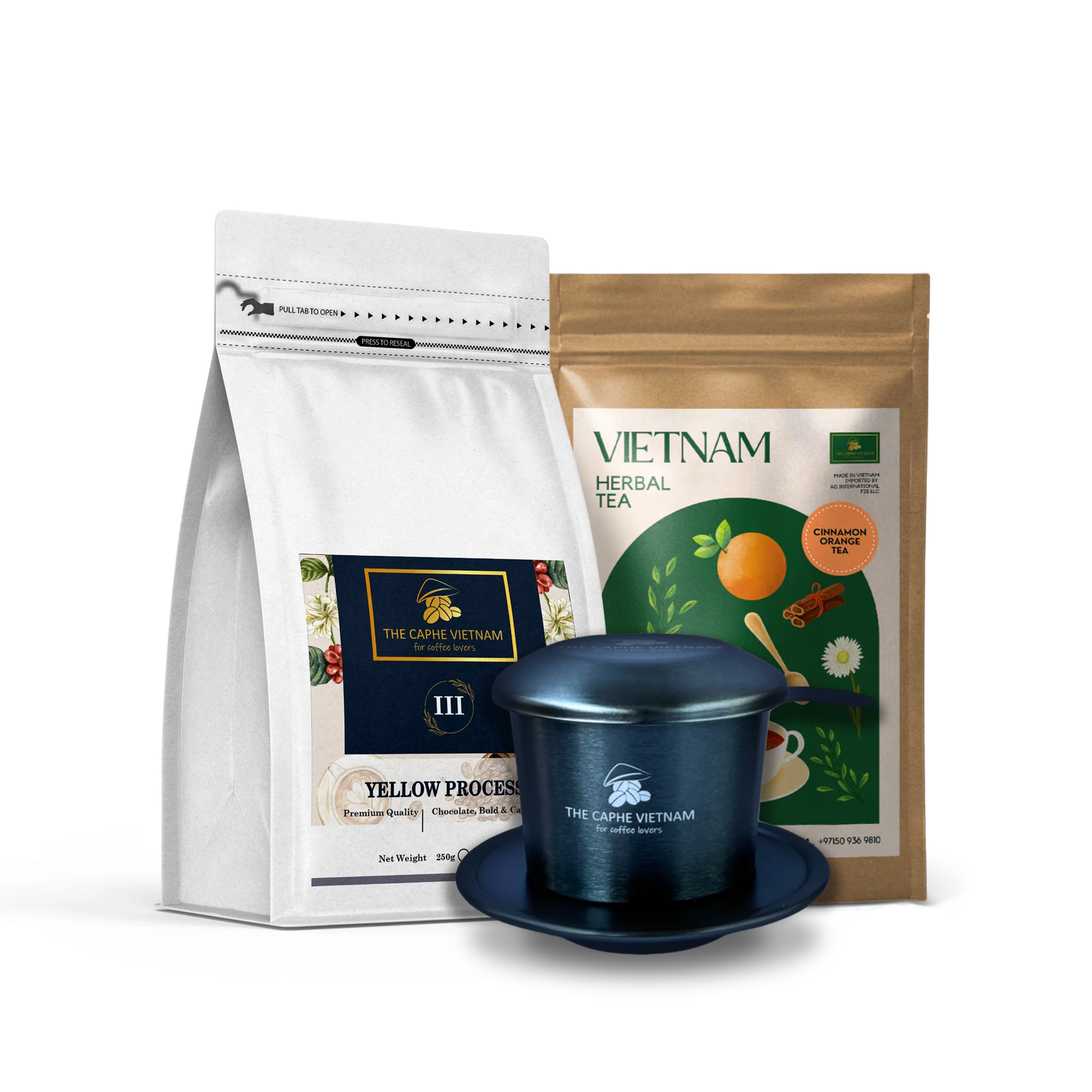 Combo Gift Set - Premium Quality Yellow Process 250g + Cinnamon Orange + Vietnamese Phin Filter (Dark Grey)