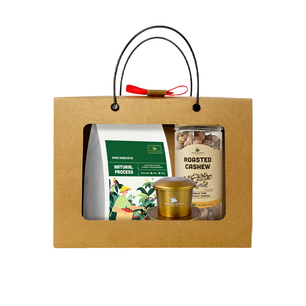 Combo Gift Set - Fine Robusta Natural Process Whole Bean 250g + Roasted Cashew Skin Size A VIP 500g + Vietnamese Phin Filter (Gold)