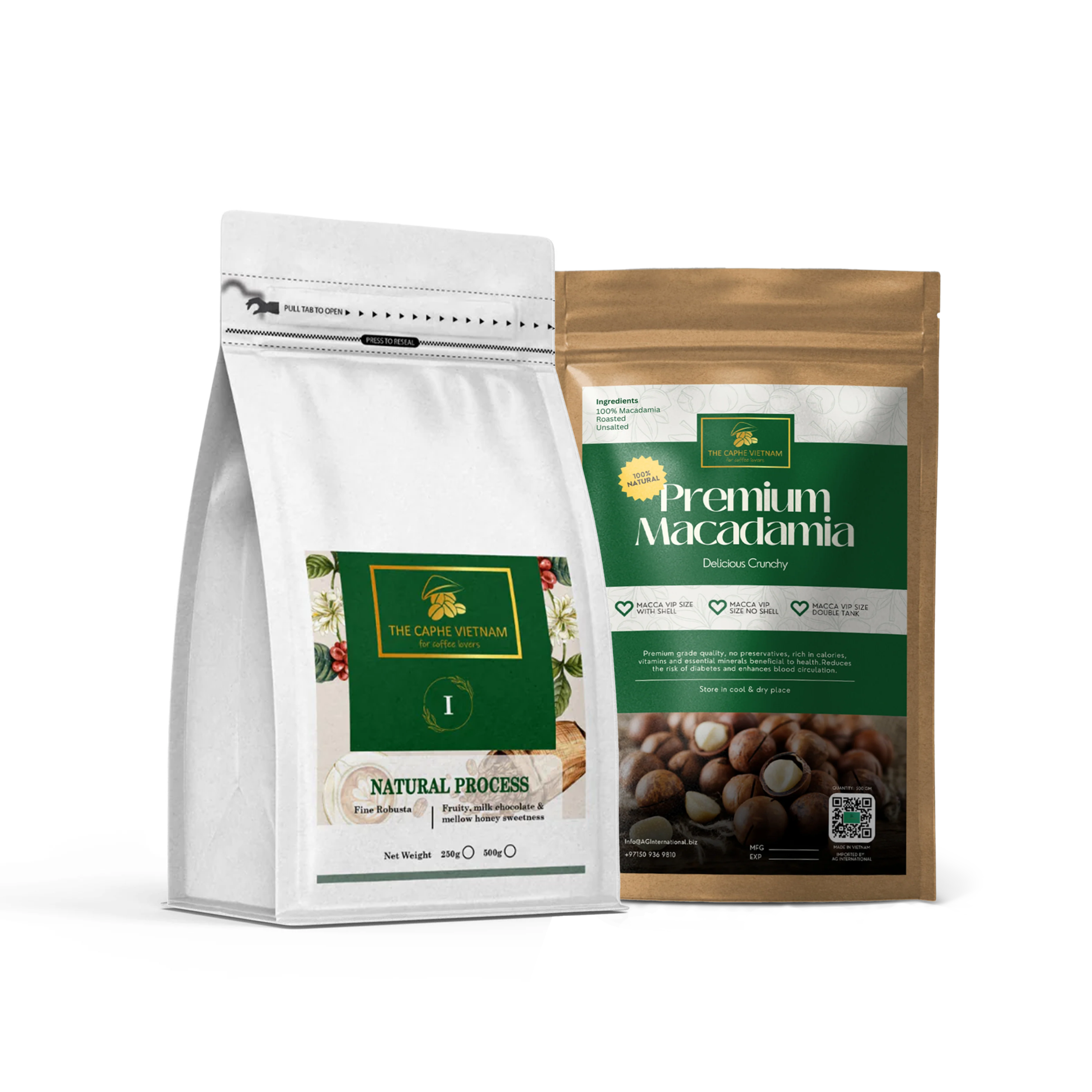 Combo Gift Set - Fine Robusta Coffee - Natural process 250g + Premium Macadamia Vip Size Double Tank 500 g