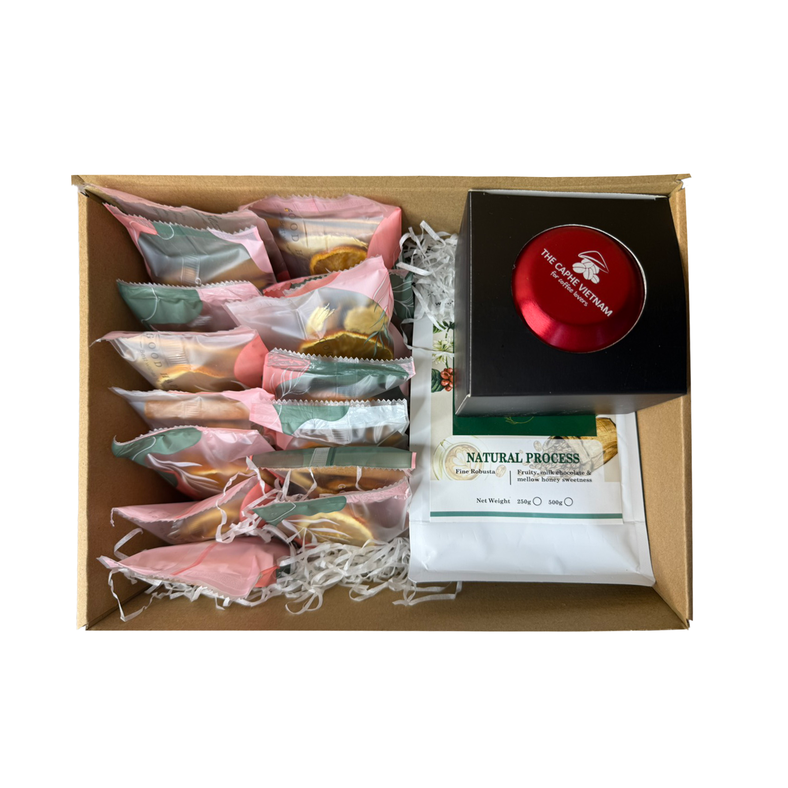 Combo Gift Set - Fine Robusta Natural Process 250g + Cinnamon Orange Tea + Vietnamese Phin Filter (Red)